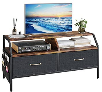 TREETALK TV Cabinet, TV Stand with 2 Large Fabric Storage Boxes and 5 Divided Side Pockets,Rustic Console Table with Unique Bevel Angle Adjustable Leg Pads for Living ROOM Bedroom Office