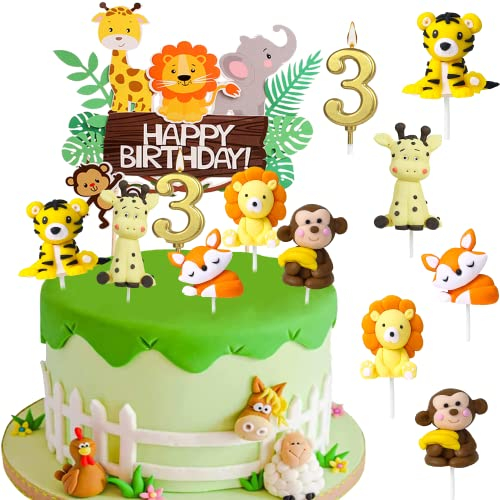 EXFEA Waldtiere Kuchendeko Dekorationen Geburtstag Tortendeko Cartoons Kuchen Happy Birthday Topper Deko TortenaufsäTze Muffins Zucker Geburtstag Baby Shower Party Deko Set für 3 Jahr (Tier Zahl 3)