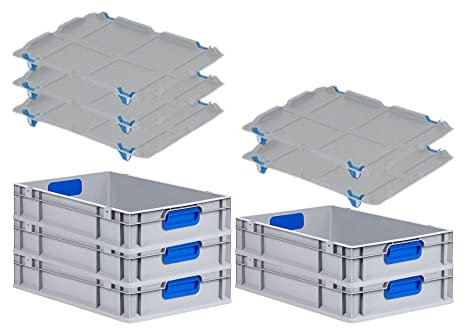 PROREGAL SuperSparSet 5x Eurobox NextGen Color mit Auflagedeckel & Schiebeschnappverschlüsse, HxBxT 12x40x60cm, 23L, Griffe blau geschlossen, Glatter Boden, Eurobehälter Transportbox Transportbehälter