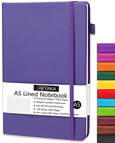 AEYAKA Liniert notizbuch A5 Journal Notizbuch A5 Liniertes Tagebuch Hardcover und Elastischem Verschlusst Stifthalter PU-Lederhülle Thick 80gsm Paper, 15 x 21 cm (Liniert, Lila)
