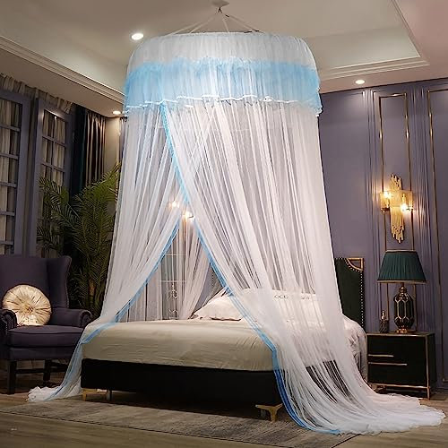 Reheyre Betthimmel, Prinzessin Bettvorhang Netz, Spitze Runde Kuppel Mesh Bettvorhänge mit Haken, Prinzessin Betthimmel Betthimmel Vorhänge Baldachin Bettvorhänge für Twin Full Queen King Size Blau