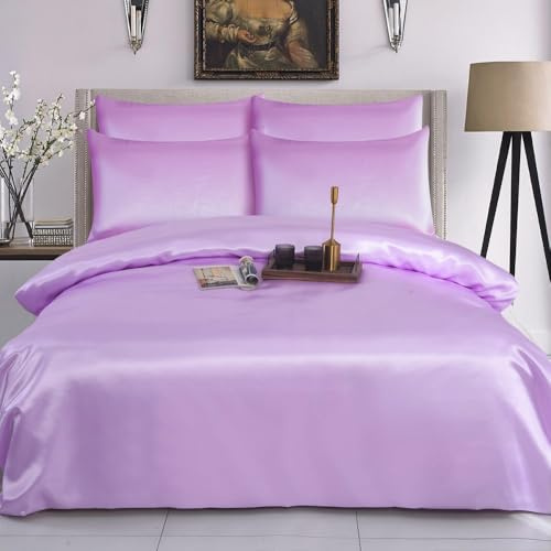 XXR SATIN SILK COMPLETE BEDDING SET DUVET COVER FITTED SHEET 4 PILLOW CASES 6 Pcs (Lilac, Double)