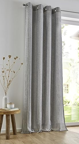 Kutti Raya blickdichter Vorhang grau Gardine mit Ösen Silber, leicht verdunkelnd, gestreift, Zierstich Offwhite, pflegeleicht, Breite 135 cm x Höhe 145 cm (1 Stück)