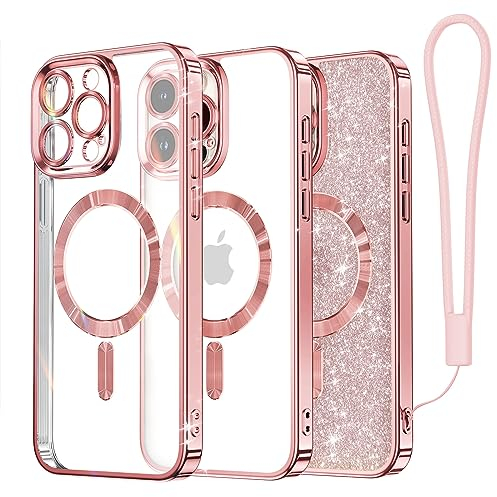 Meifigno Clear Hülle Kompatibel mit iPhone 15 Pro, [Kompatibel mit Magsafe][Glitzer Karte & Handschlaufe] Kameraschutz Transparent Case für iPhone 15 Pro 6,1’’ Frauen Mädchen, Roségold