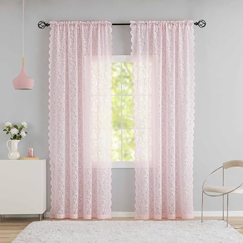 Lot de 2 rideaux semi-transparents en dentelle de style bohème, voilages vintage pour salon, dortoir, chambre d’enfant, adolescente, décoration rustique moderne, 132,1 x 243,8 cm (l x L), rose pâle