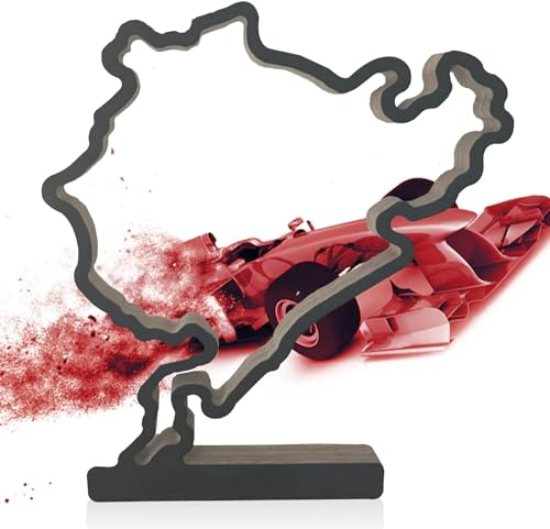 Racetrackart Holzskulptur Heimdeko – Nürburgring Rennstrecke Dekofigur mit Fuss 40cm, Geschenk aus Holz, Formel 1 Deko für Motorsportfans, schwarz