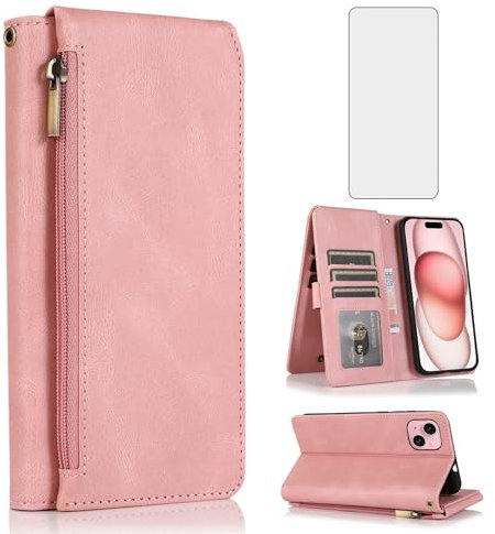 Compatible with iPhone 15 6.1 inch Wallet Case Tempered Glass Screen Protector Zipper Retro Leather Flip Cover Card Holder Stand Cell Accessories for iPhone15 5G i i-Phone i15 15Case Women Rose Gold