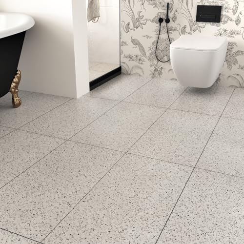 Yullpaper 15 Stück PVC Bodenbelag Fliesenoptik Vinylboden Selbstklebend Granit Muster Bodenfliesen Selbstklebend Flexibel Klebefliesen Boden Küche Bad Klebevinyl Fliesenaufkleber Grau Weiß 60 X 30cm
