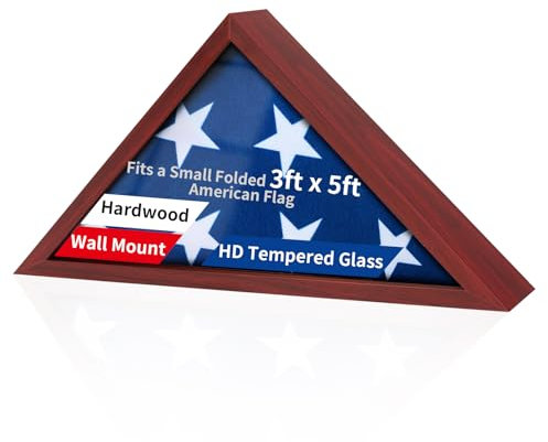 DecoWoodo Vitrine mit amerikanischer Flagge, 90 x 150 cm, Holzflaggen-Schattenbox für Militärveteranen mit HD-gehärtetem Glas, Wandmontage, dreieckiger Flaggenrahmen, Mahagoni