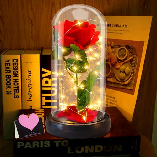 LPAOIS La Bella e la Bestia Rosa Vetro di Luce Rosa Cupola di Vetro con Base in Legno Fiore Artificiale LED Lampada Casa Decorazione Regali per San Valentino Festa Compleanno Matrimonio