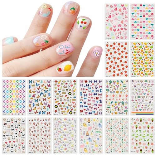 jmeowio 18 Sheets Cute Nail Stickers for Kids Nail Art Stickers Decals Self-Adhesive Heart Flower Rainbow Fruit Nail Supplies Nail Art Design Decoration Accessories