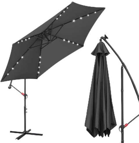 Fiqops Sombrilla de 300-350 cm de diámetro, con manivela con/sin luces LED solares, con soporte, para jardín, protección solar, protección UV, con manivela e impermeable, Ø 350 cm