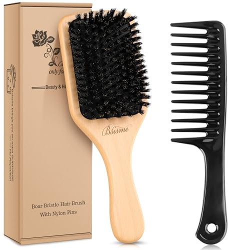 100% Boar Bristle Hair Brush, Bsisme Detangling Paddle Hairbrush | Tames Frizz, Prevents Breakage, Enhances Hair Shine, Fits for Women Men Kid, Curly, Straight, Thick, Thin, Fine Hair