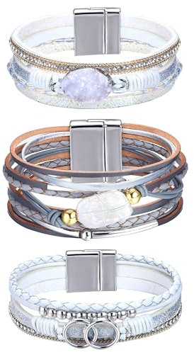 Milacolato 3Pcs Leder Wickelarmbänder für Damen, Boho Wickelarmbänder Leder Manschette Armreif Perlen Armbänder Stapelbare westliche Armbänder Schmuck Geschenke für Damen (Grau)