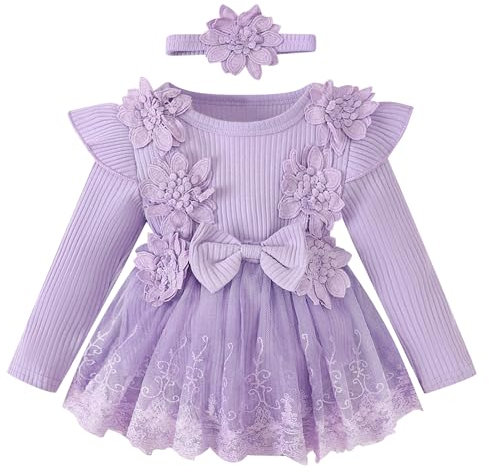 FYMNSI Neonato ragazza abito di pizzo pagliaccetto manica lunga abito da principessa vestito con fascia autunno servizio fotografico, Lilla, 12-18 Mesi