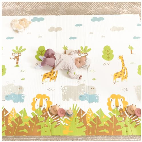 Sweety Fox - Spielmatte Baby - Krabbelmatte Baby 150x180x1cm - Krabbelmatte Wendbar, Faltbar, Wasserabweisend - Schaumstoff Babymatte - Baby Spielmatte (Savanne)