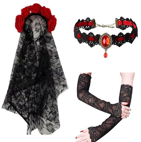BDSHUNBF Halloween Kostüm, Schleier Schwarz Tüll mit Rosen, Damen Tag der Toten Haarschmuck, Mit Frauen Spitze Handschuhe Halskette, für Halloween Kostüm Damen
