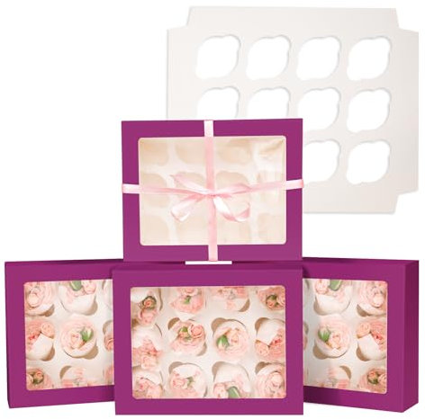 Gcardist Auto-pop Up 12 Cupcake Boxes with Window Deep Purple 6 Packs Cupcake Box 33x25.4x9cm Bakery Boxes For Cupcakes Carrier, Cupcake Containers
