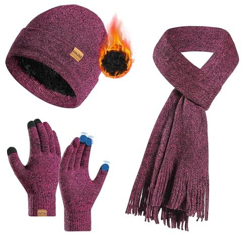 AYPOW Mütze, Schal & Handschuh-Sets für Damen, Thermo Beanie Wintermütze Winterhut Gestrickte mit Fleece Gefüttert Winterschal Damen kuschelig Touchscreen Winterhandschuh Strickset für Damen