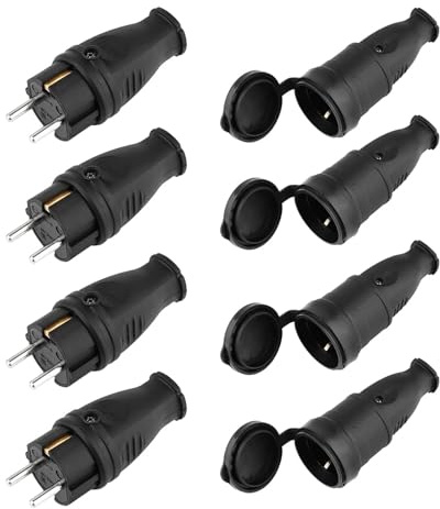 Schukostecker und Schukokupplung, Schutzkontaktstecker, 4er Pack Schutzkontakt Set mit Knickschutz, Kann für 0.5-3cm² Kabel, IP44, 250V, 16A