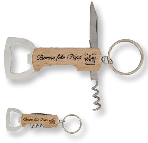 Porte-clé Décapsuleur Personnalisé en Bois - Gravure au Laser | Ouvre-Bouteille Multifonction avec Couteau et Tire-Bouchon - Mariage, Anniversaire, Noël et Fête des Pères
