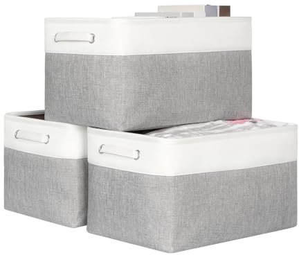 KEEGH Fabric Storage Baskets Set of 3, 17in Storage Boxes for Shelves, Foldable Storage for Hard Bottom Storage, Fabric Basket with Handle, Storage Boxes for Home and Office - White/Grey