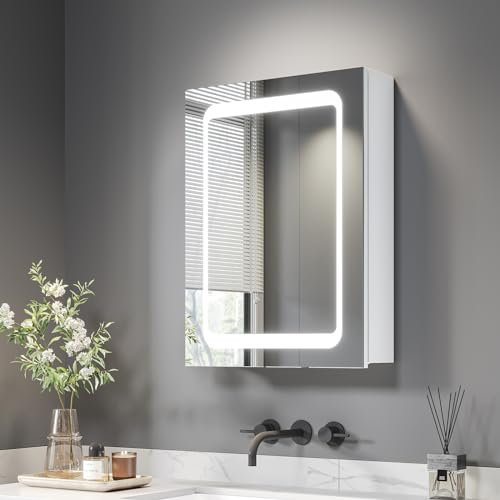 Dripex Spiegelschrank Bad mit Beleuchtung, Glasablage und Steckdose, Weiß Badezimmerschrank mit Spiegel, Sensor-Schalter, Beschlagfrei 45 x 60 cm Verbesserte Version