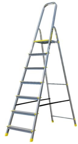 Bayersystem BS-DA7 150 Trittleiter mit 7 Stufen, Aluleiter, bis 150 kg belastbar, max. Arbeitshöhe 3,42 m, Klapptrittleiter mit Handlauf, Anti-Rutsch-Füße, Klapptritt für Haushalt, Silber/Gelb