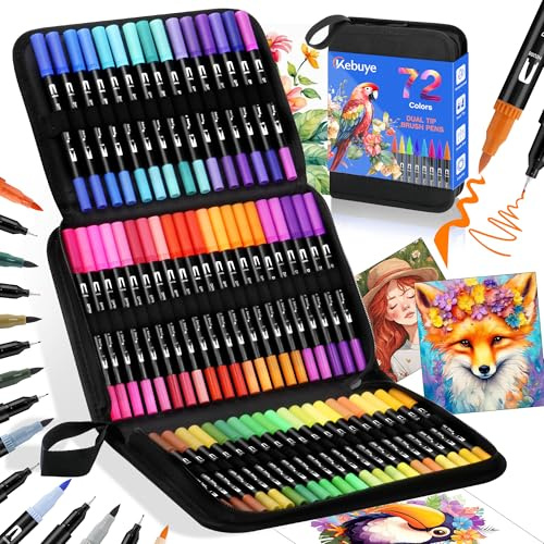 Kebuye Colouring Pens Dual Brush Tip - 72 Coloring Marker Fine & Felt Tips for Adults Begainners Artists Art Supplies for Drawing Coloring Painting Sketching Journaling Coloured Pens for Drawing Book