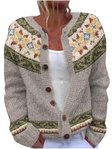RLEHJN Strickjacke Damen Kurz Cardigan Norweger Pullover Strickjacken Elegante Warm Herbstjacke Strick Übergangsjacke Leichte Sweater Strickpullover mit Knöpfen Langarm Grobstrick Wollmantel