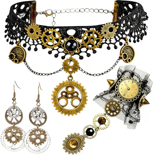 SZJFYMQ Steampunk Ohrringe, 3 Stück Steampunk Accessoires Kostüm Damen, Mit Gotisch Choker Halskette Armbänder Ohrringe für Halloween Karneval Kostüm
