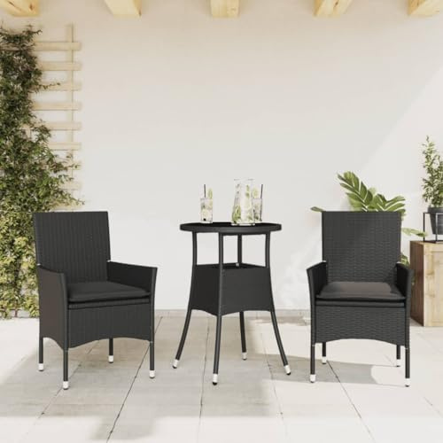 Owoxanthellate 3tlg Gartenmöbel Set Schwarz Poly Rattan Glastisch 60x75 cm Stühle mit abnehmbaren Kissen wetterfest für Terrasse Balkon Garten Outdoor Sitzgruppe