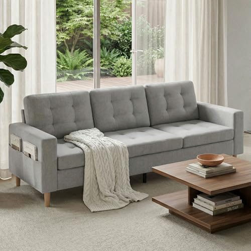 GRAVFORCE Sofa 3 Sitzer 238cm Couch mit Holzbeinen und Seitentaschen (Hellgrau)
