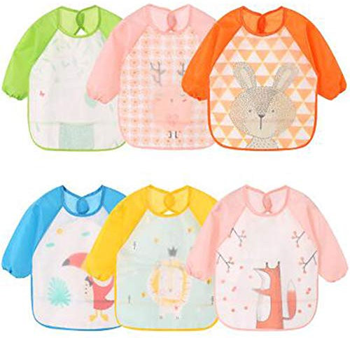 NOVAGO Lot de 6 Bavoirs tablier résistant à l'eau Manches Longues,Tablier de repas,de Jeu,de Peinture pour Les Enfants de 6 à 36 mois