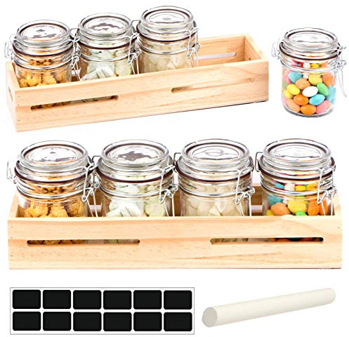 Gr8 Home 4 x Clip Top Airtight Seal Food Preserve Glass Spice Jars with Wooden Tray Display Holder Storage Rack Labels and Chalk Set