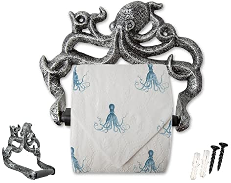 Cast Iron Octopus Toilet Paper Roll Holder - Nautical Bathroom Decor - Easy Installation - Silver & Black