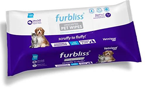 Vetnique Labs Lingettes hygiéniques pour Animaux de Compagnie Furbliss de pour Chiens et Chats, nettoyants, toilettage et désodorisation lingettes hypoallergéniques avec déodorant Naturel Non parfumé