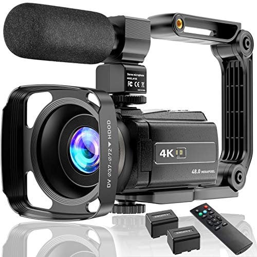 4K Caméscope Caméra vidéo Vlog YouTube UHD 48MP Wi-Fi IR Vision nocturne Enregistreur zoom numérique 16X écran tactile 3,0 avec microphone Stabilisateur de poche Pare-soleil Télécommande, 2 piles