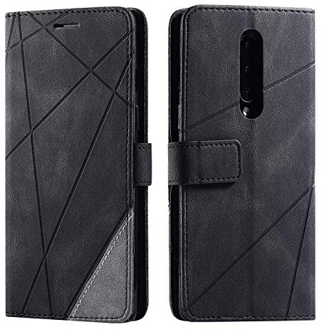 SONWO Hülle für OnePlus 8, Premium Leder PU Handyhülle Flip Case Wallet Silikon Bumper Schutzhülle Klapphülle für OnePlus 8, Schwarz