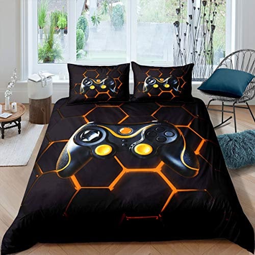 Gamer Duvet Cover Set Boys Teens Video Game Gaming Bedding Set Kids Toddler Geometric Honeycomb Hexagon Comforter Cover Game Controller Quilt Cover Room Decor 3Pcs King Size,Black,Orange