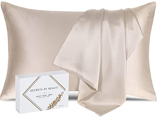 Taie d'oreiller 100% Soie Naturelle de mûrier 25 Momme Qualité supérieure Grade 6A sans Produit Chimique,Bio- Peau Sensible,Cheveux Afro,Bouclés,Gras,Antichute Cadeau (Champagne, 50x75cm)