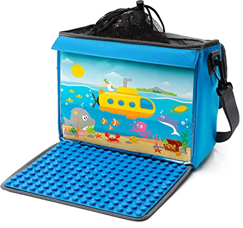 fantifant Baustein-Tasche mit ausklappbarer Bauplatte passend für große Bausteine vieler Marken I Größe L I meerblau