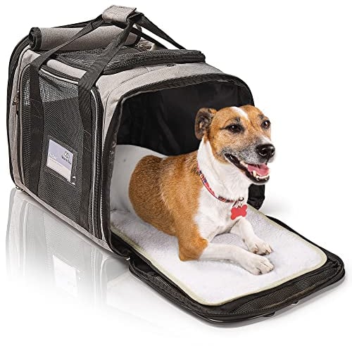 Bella & Balu M Hundebox Hundetransportbox für Hunde und Katzen - grau | 43 x 31 x 34cm Hundebox zum Tragen für Urlaubsreisen und Ausflüge im Flugzeug oder Auto – atmungsaktiv, lichtdurchlässig