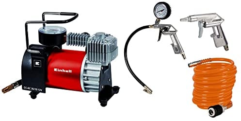 Einhell Compresseur CC-AC 35/10 voiture 12 V (0 – Manomètre 10 Bar, 35 l par minute Débit) & Kit d'accessoires pour compresseur - 1 pistolet de soufflage, 1 manomètre de gonflage, 1 tuyau de 5m
