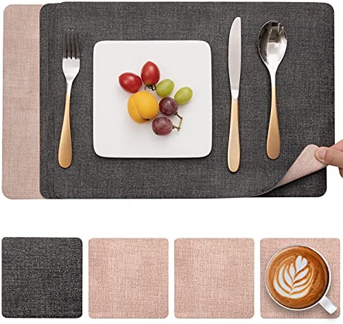 Myir JUN Tischsets Abwaschbar Leder und Untersetzer, Doppelseitigen Platzset 4er Set rutschfest Platzdeckchen Leder Kunstleder Tischset (Grau Pink, 4er Set)