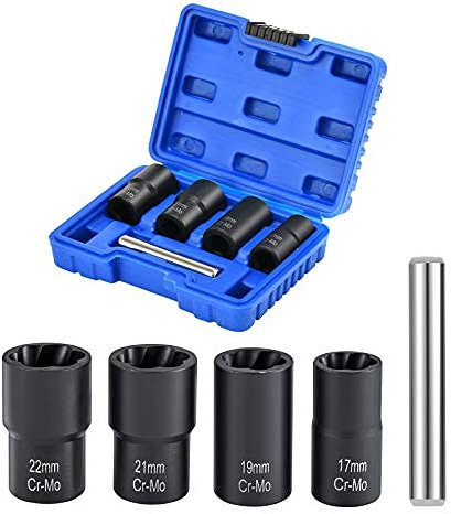 Twist Socket Set Lug Nut Remover Extractor Tool 5 Piece Metric Bolt and Lug Nut Extractor Socket Tools with Center Punch Bar (17mm - 22mm)