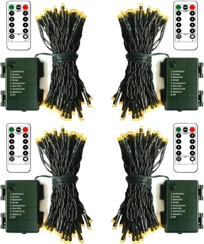 ZAIYW 4 Pack Christmas Battery Fairy Lights 5m Dark Green Cable 50 LED String Lights with Remote Timer 8 Modes Christmas Twinkle Lights for Home Party Christmas Tree Decor (Warm White)