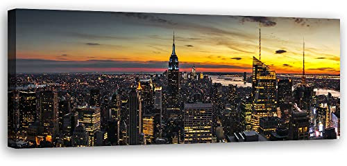 Feeby Vlies Leinwandbild Manhattan New York City Skyline USA 90x30 cm Wand Bild Kunstdruck Deko Wohnzimmer Wohnungs Deko Abstraktion Wolkenkratzer Orange