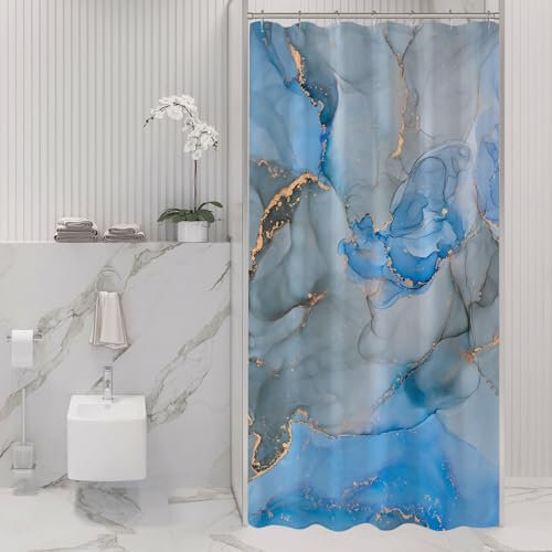 Gibelle Kleiner Stall Duschvorhang 36 x 72, schmal, halb abstrakt, blau-grauer Marmor Duschvorhang, moderne Tinte Kunst wasserdichter Stoff Duschvorhang Set mit Haken