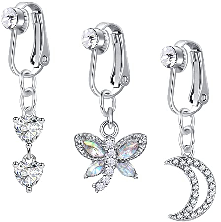 Vcmart 3pezzi Clip su Piercing Ombelico Non Piercing Finto Anneaux de Pancia Cuore Luna Pendente Argento False Piercing Gioielli